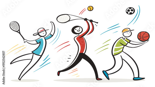 Dynamic illustration of people playing tennis, badminton and basketball