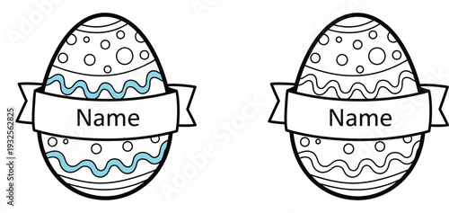 Customizable Easter egg line art vector with name banner. Blank ribbon for personalized text. Coloring page design with polka dots and wavy lines, partly colored and black and white.