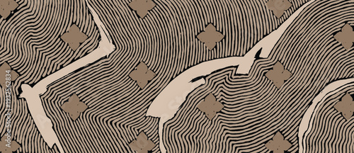 Elegant background blending Thai floral motifs with Japanese-inspired rhythmic linework. Hand-drawn etching in tan and chocolate brown creates a serene, traditional artisan aesthetic.