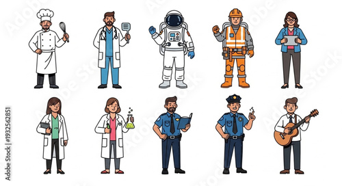 Diverse group of professionals showcasing various occupations and careers in a colorful illustration.