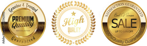Golden premium quality and sale badges on white background