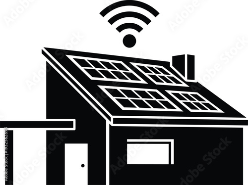 Smart home with solar panels silhouette icon, renewable energy house with WiFi signal isolated on white background graphic