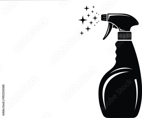 Black spray bottle silhouette icon, cleaning product sprayer isolated on white background, household disinfectant container graphic illustration design
