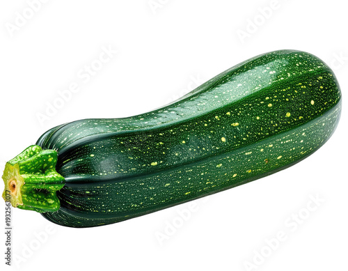 A single, dark green, elongated vegetable with yellow speckles and a textured stem