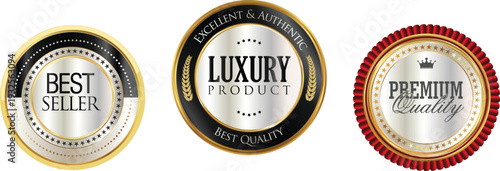 Three luxury product labels on a white background