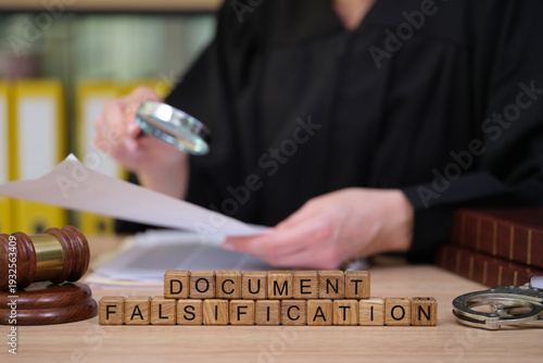 In a busy courtroom, a judge closely inspects papers with a magnifying glass. Surrounding are legal books and gavel, emphasizing the seriousness of the case on document falsification.