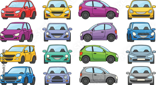 Colorful Modern Hatchback Car Vector Icon Set Featuring Multiple Angles and Vibrant Colors for Automotive Design App Interfaces and Transportation Graphics