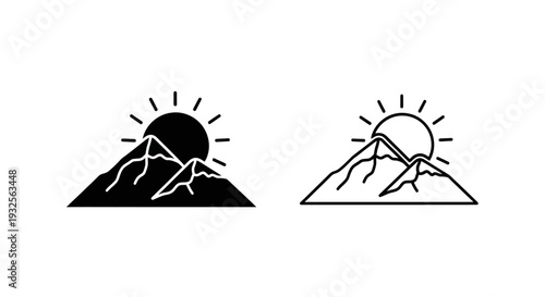 Set of 2 Minimalist Mountain and Sun Icons Vector - Solid Black Silhouette and Outline Style for Nature, Adventure, or Outdoor Branding