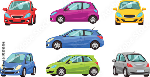 Set of Colorful Modern Hatchback Car Vectors Featuring Front Side and Rear Views for Automotive Design Transportation Icons Urban City Traffic and Logistics