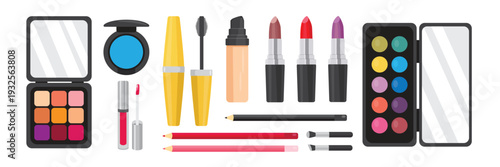 Set of beautiful women's cosmetics in cartoon style. Vector illustration: eyeshadow palettes, lip gloss, lipsticks, mascara, foundation, eyeliner, lip pencils, brushes isolated on white background.
