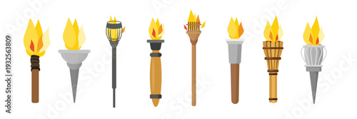 Set of beautiful antique burning torches in cartoon style. Vector illustration of different medieval metal, wooden torches with handles, yellow, orange, red flame isolated on white background.