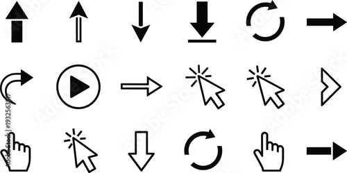 Collection of black vector arrow icons, mouse cursor clickers, and playback buttons set isolated on white background, interface navigation symbols for web design and apps.