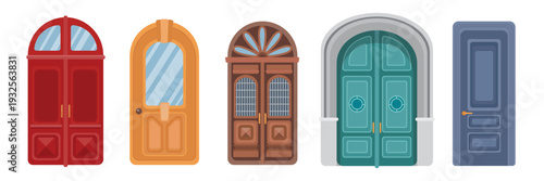 Set of beautiful front vintage doors in cartoon style. Vector illustration of entrance doors of different designs, shapes, single, double with glass windows, handles isolated on white background.