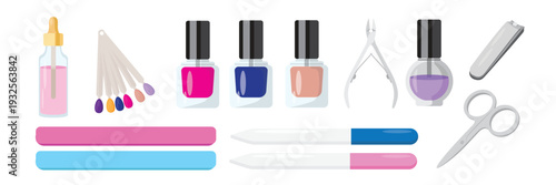 Set of beautiful manicure tools in cartoon style. Vector illustration: cuticle oil, remover, nail polish palette, nail polishes, nippers, tweezers, scissors, nail files isolated on white background.