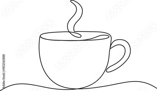 Continuous line art of a coffee mug with steam. 
