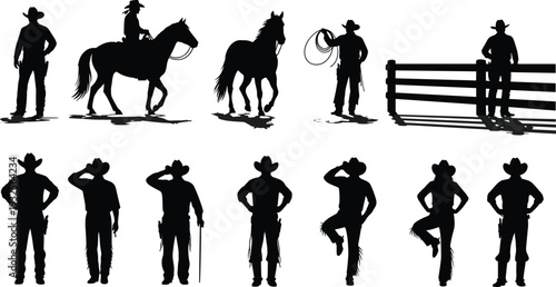 Cowboy silhouette vector set, rodeo rider on horse with lasso, western rancher icons, wild west characters isolated on white background.
