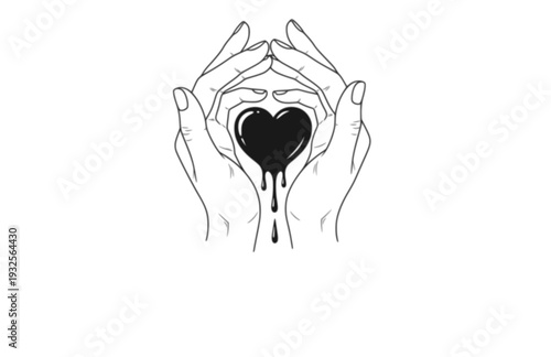 Tactile Hands Holding Dripping Heart Silhouette, Sensory Connection Vector Sticker, Emotional Wellness and Care Illustration