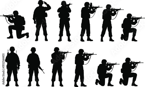  Black silhouettes of soldiers in tactical combat poses holding rifles, showcasing military readiness, training stances, saluting, aiming, and diverse weapon handling for defense and security illustra