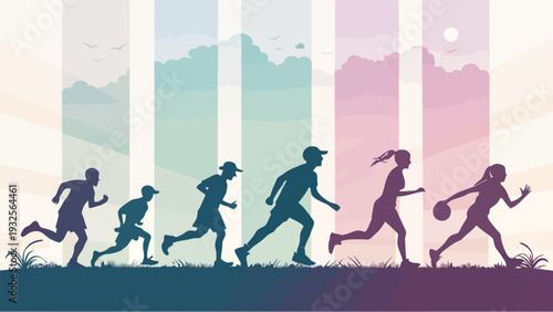 People running in a colorful cityscape with a vibrant sunset