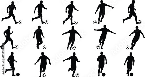 Silhouettes of soccer players action poses running kicking dribbling striking ball athletic movement sport design illustration