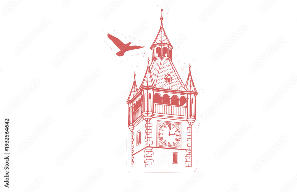 Fototapeta premium European Village Clock Tower with Bird Silhouette, Local Heritage Vector Sticker, Traditional Architecture and Travel Icon