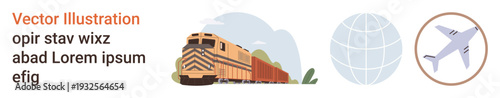Transportation systems, global trade, logistics, shipping, freight, travel. Train, globe and airplane with clear designs. Transportation systems and global trade concept