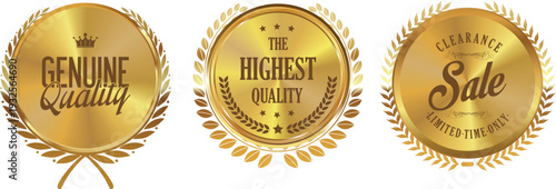 Three gold quality seals on a white background