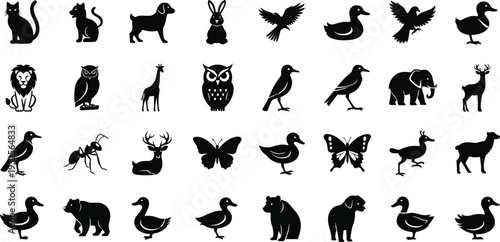 Large Black Silhouette Vector Icon Set of Wild and Domestic Animals Birds and Insects for Nature Logo Design and Wildlife Illustration