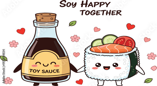 Cute Sushi Roll and Soy Sauce Bottle Cartoon Characters Soy Happy Together Kawaii Food Vector Illustration