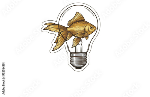Surreal Goldfish in Lightbulb Silhouette, Whimsical Visual Joke Vector Sticker, Creative Idea and Imagination Illustration