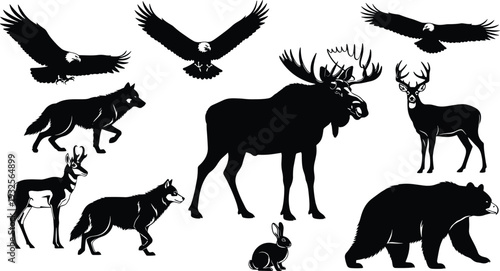 WeNorth American wildlife silhouette set, eagle wolf moose bear deer antelope rabbit icons, cad drawing flat vector illustration, isolated on white