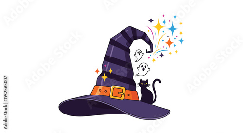 Halloween witch hat vector illustration with cat and magic sparks