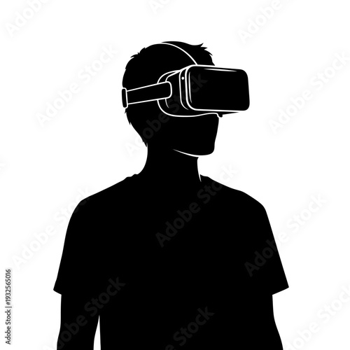 Silhouette of a man wearing virtual reality goggles against a white background.