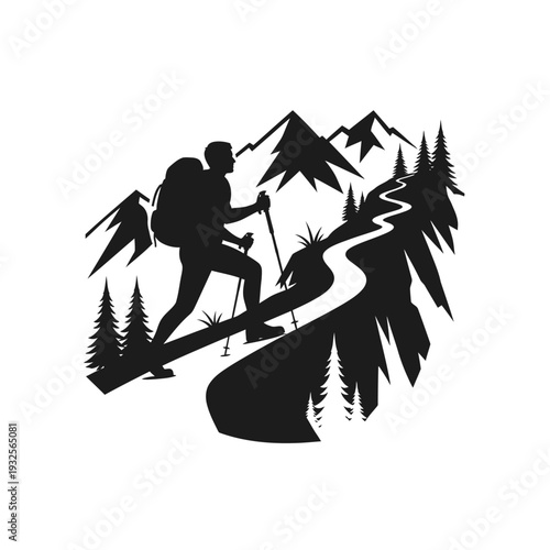 Silhouette of a hiker trekking with backpack and poles on a winding mountain trail surrounded by pine trees and majestic peaks.