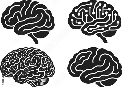Four black and white brain vector illustrations, flat design style, scalable graphic