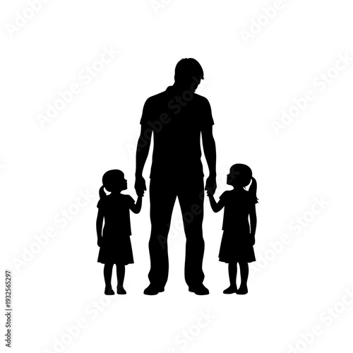 Silhouette of a man holding hands with two little girls against a white background