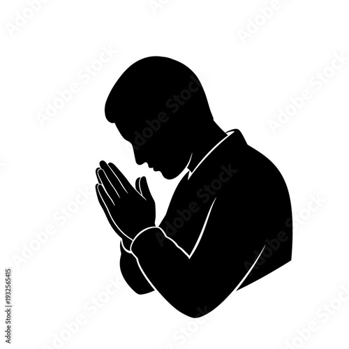 Silhouette of a man praying with hands clasped in a simple white background.