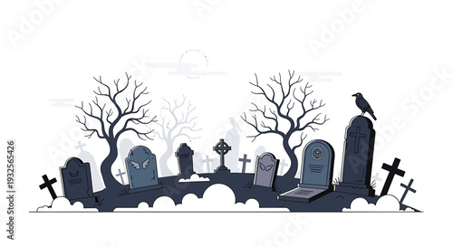 Halloween graveyard scene vector illustration