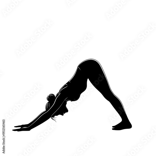 Silhouette of a woman in downward-facing dog yoga pose on white background