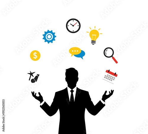 A silhouette of a businessman juggling various business icons on a white background.