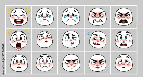 Diverse facial expressions representing various human emotions in a grid format.