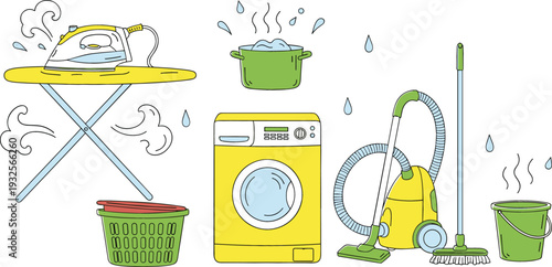 Household Cleaning and Laundry Appliances Vector Illustration Set with Iron Washing Machine Vacuum Cleaner Mop Bucket and Cooking Pot