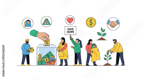 Set of 6 people helping and donating vector icons