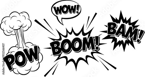 Comic Book Style Sound Effect Text Bubbles Featuring High Impact Dramatic Visual Explosion Illustrations