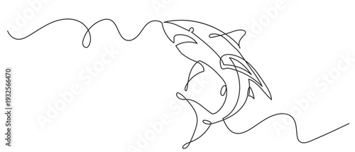 Continuous one line drawing of a shark swimming through waves, minimalist black outline on white background, clean and modern marine shark line art design.