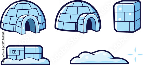 Cartoon Ice Igloo and Ice Block Set Winter Arctic Vector Illustration