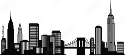 Detailed New York City skyline silhouette featuring Manhattan skyscrapers Empire State Building Chrysler Building and Brooklyn Bridge isolated on white background for American urban travel designs.
