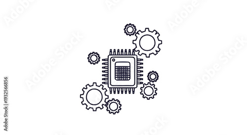 Central Processing Unit Microchip Surrounded by Interlocking Gears.