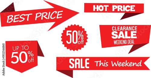 A collection of red sale banners and signs on a white background