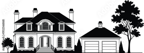 Detailed Vector Illustration of a Luxury Mansion House Silhouette with Separate Two Car Garage and Landscaping Trees Representing Upscale Real Estate and Suburban Architectural Design
